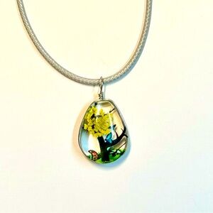 Handmade Lace Dried Flowers Oval Pendant Necklace #19